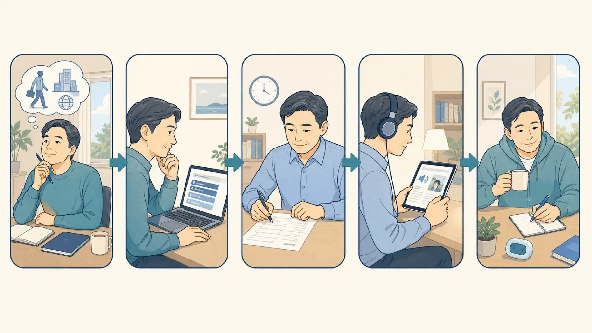 目的、必要な目標、現状確認、弱点別学習、継続習慣へ進む英語学び直しの5段階